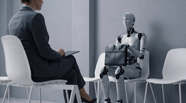 Humanoid robot being interviewed by a businesswoman in a professional office setting, showcasing AI in recruitment.