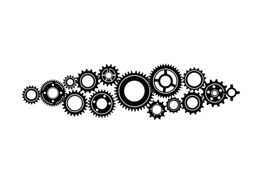 Black Interlocking Gear Cog Wheel Mechanism Row Industrial Steampunk Flat Vector Illustration Design