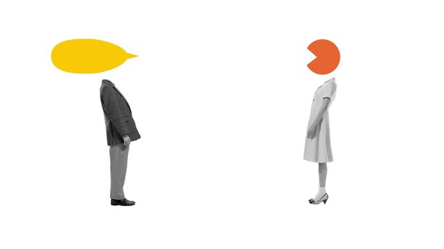 headless man and woman with colored speech bubble heads animation facing each other. Concept of gender dialogue, relationship talk, conflict resolution and communication barriers.