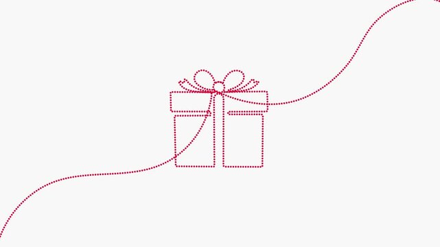 A minimalist red dotted continuous line drawing animation of a square Christmas gift box on a white background. Perfect for festive holiday concepts.