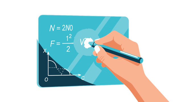 Human Hand Writing Physics Formulas and Mathematical Equations on Transparent Digital Tablet, STEM Education and Scientific Research Technology Vector Illustration