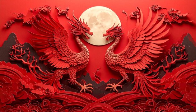 Vibrant red phoenix pair facing each other under a full moon.