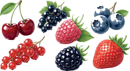Fresh summer berry vector illustration collection set featuring realistic strawberry blueberry raspberry cherry blackberry blackcurrant and redcurrant isolated on white background. © MstBizly