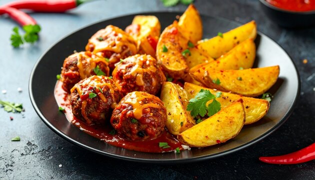 Chili Cheese Meatballs mit Kartoffelspalten