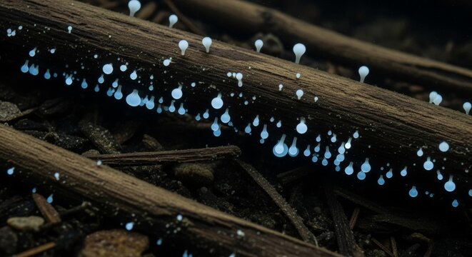 Bioluminescent Fungi Bloom on Wood, Emitting Ethereal Glow in Dark Forest Floor Macro