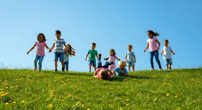 青い空の下緑の丘で無邪気に転がり笑い元気に走り回る子供たち明るい太陽の光が降り注ぐ. AI Generated