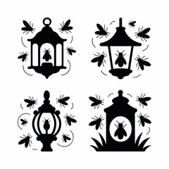 Fototapeta premium Collection of Four Black Silhouette Icons of Lanterns with Insects and Grass vector illustration