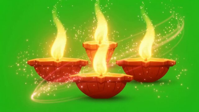 Traditional diya lamps with three glowing flames on green screen background, isolated animation style, symbolizing spirituality, festival of lights, celebration, cultural tradition, 4K video