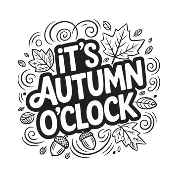 Autumn lettering with leaves and acorns hand drawn style