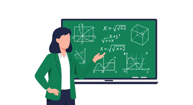 Female Teacher Explaining Mathematical Formulas and Graphs on Green Chalkboard Vector Illustration