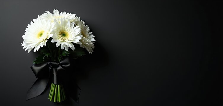 White chrysanthemum bouquet tied with black ribbon lies on dark surface. Elegant funeral tribute with white blooms and satin bow symbolizes remembrance, respect, and solemn farewell.