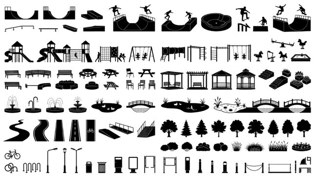 Landscape Architecture CAD Block Collection with Skatepark Playground Urban Furniture and Tree Silhouette Symbols