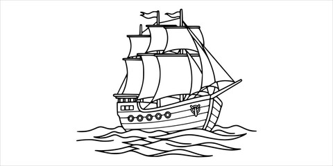 Vintage Sailing Ship on Ocean Waves Coloring Page Outline Illustration © la vanya