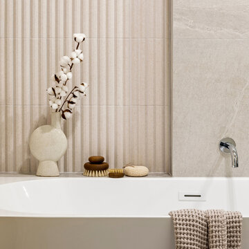 Minimalist Bathroom with Nature-Inspired Decor, Cotton Stems, and Textured Tile, Relaxing Bathtub Amenity