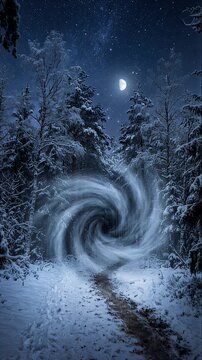 Mystischer leuchtender Nebelwirbel auf verschneitem Waldweg unter sternenklarem Nachthimmel im winterlichen Fantasy Stil