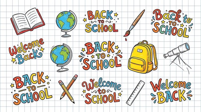 Back to school supplies doodle set with globe backpack and open book on lined paper