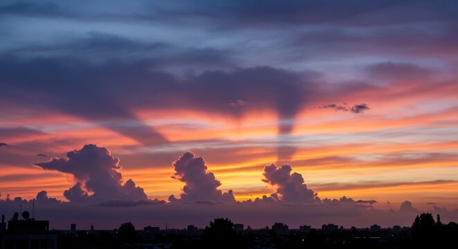 地平線に沈む太陽が空を燃えるような赤とオレンジに染め上げ紫のグラデーションが広がる厚い雲の隙間からドラマチックな光の筋が降り注ぎ幻想的な日没の絶景. AI Generated