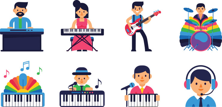 Music Band Character Set with Male Keyboard Player, Female Pianist, Electric Guitarist, Colorful Drummer, Singer, Jazz Musician, and DJ with Headphones for Entertainment Design