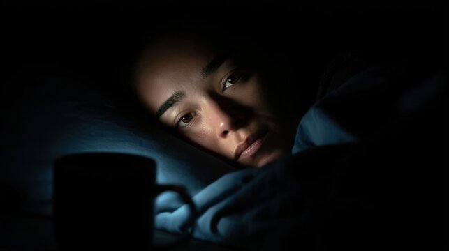 Close-up of young woman lying awake in bed at night with sad thoughtful expression under blanket in dark room illuminated by dim blue light