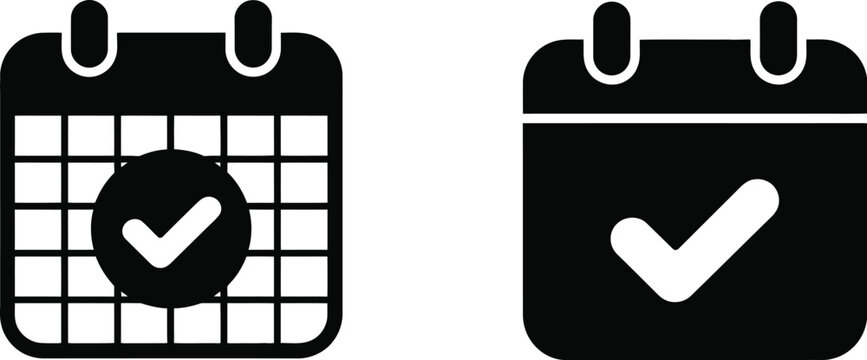 Calendar glyph icon set, check mark date confirmation symbols for scheduling appointment reminder and task management design.