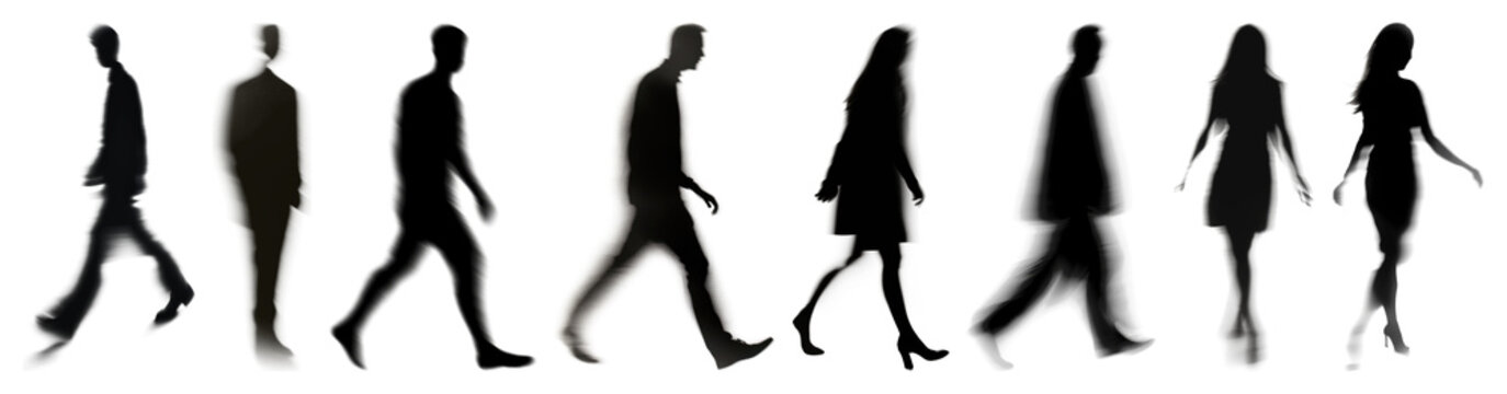 PNG Silhouettes walking in various poses on transparent background