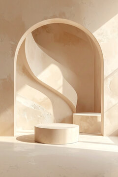 Composizione architettonica astratta con forme curve, toni neutri e luce morbida. Immagine elegante ideale per interior design, minimalismo, arte contemporanea e progetti creativi.