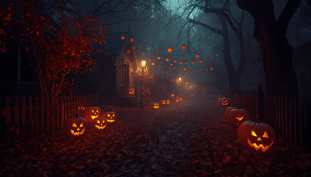 mysterious halloween street with glowing jack o lanterns