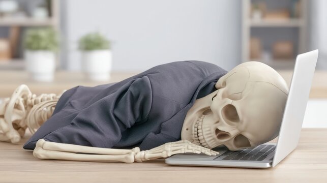 Human skeleton wearing suit jacket sleeping face down on laptop keyboard on wooden desk in office environment depicting fatigue exhaustion and stress concept
