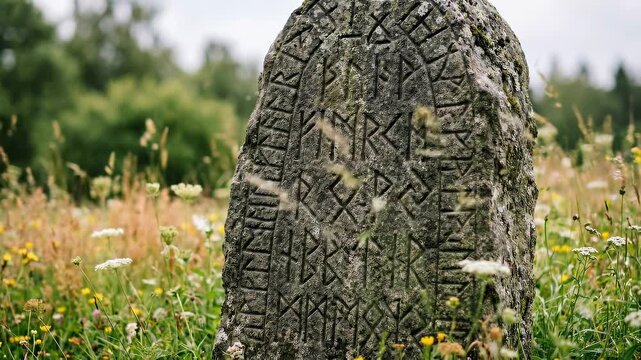Panning slow motion tracking shot of runestone with carved runes standing among wildflower meadow in countryside morning overcast