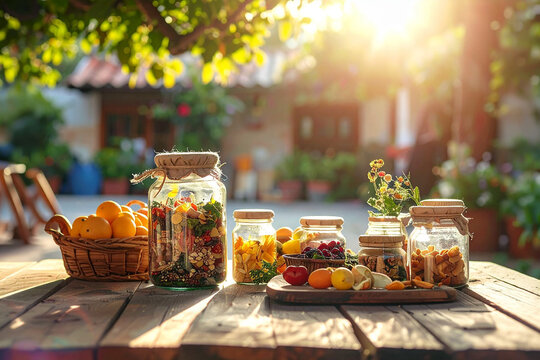 Barattoli di conserve e frutta fresca disposti su un tavolo rustico all&rsquo;aperto, con fiori e atmosfera naturale. Scena che richiama vita semplice, autoproduzione e stile di vita sostenibile.