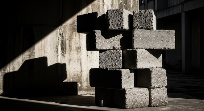 Rough Textured Concrete Blocks Stacked With Strong Sunlight And Shadow Creating Dramatic Contrast