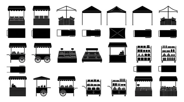 Street Market Stall and Vendor Kiosk CAD Vector Set with Canopy Booths, Display Counters and Pushcart Blocks