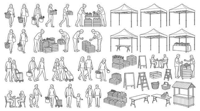 Temporary Event Pavilion and Public Gathering CAD Block Set with Market Booths, Seating and Crowd Figures