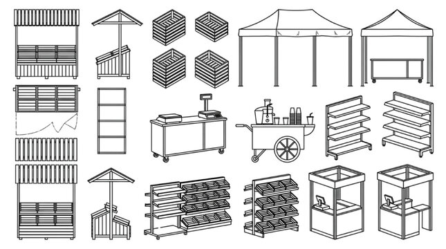 Market Stall and Outdoor Furniture CAD Block Collection with Pergolas, Display Racks and Pavilion Structures