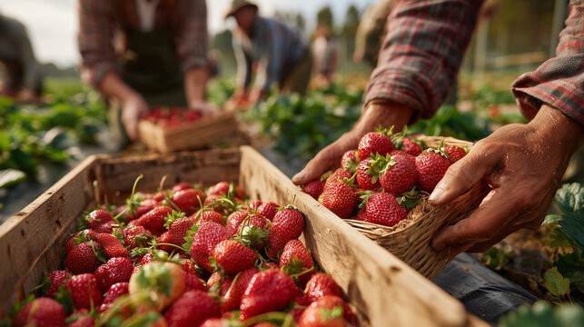 Fresh red strawberries being gathered into wooden crates by farm workers during sunny harvest day in berry field with baskets and shallow focus close-up scene