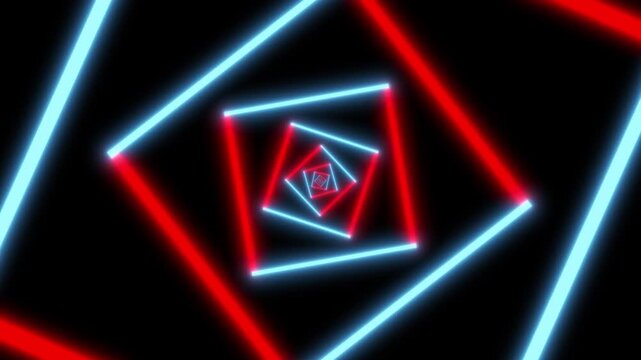 Red and Blue Neon Square Tunnel Infinite Loop Futuristic Geometric Background
