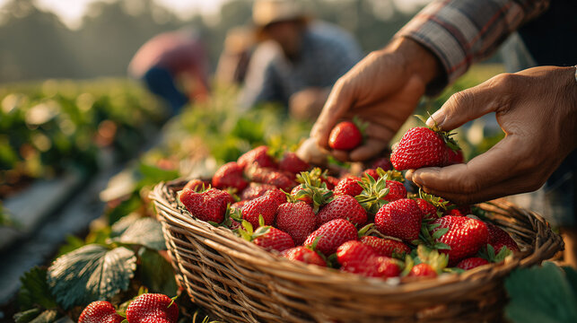 Close up of hand selecting ripe strawberries from a woven basket in a sunny berry field with farm workers blurred behind during harvest