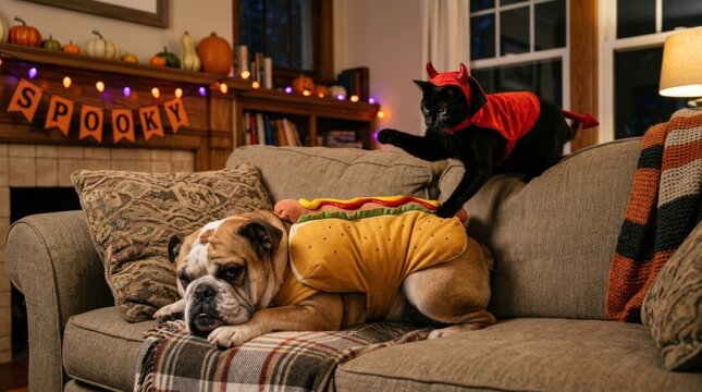 Bulldog in hot dog costume with a black cat dressed as a devil