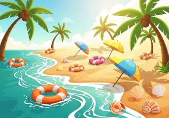 Obraz premium Vibrant tropical beach illustration featuring colorful umbrellas floating on calm turquoise waters with palm trees and inflatable toys set against a bright sunny sky perfect for summer vacation