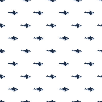Orcas or killer whales swimming in a simple cartoon style repeating background
