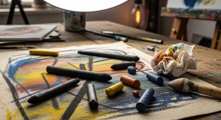 Fototapeta premium Scattered art supplies including charcoal sticks and pastels on a textured wooden table