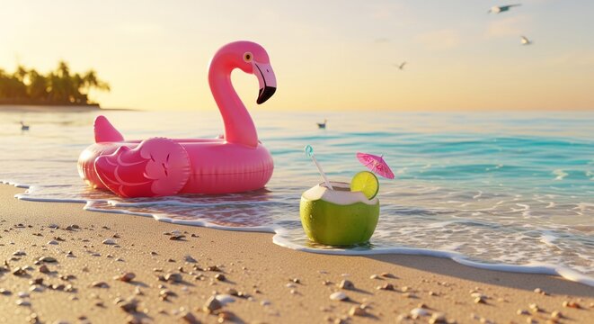 Vibrant pink flamingo floatie beach scene with tropical drink cocktail and sunset ocean waves creating dreamy vacation poster background for summer travel ads lifestyle branding