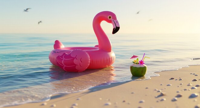 Vibrant pink flamingo floatie on sandy beach with tropical drink cocktail umbrella at golden hour sunset ocean waves relaxing summer vacation lifestyle