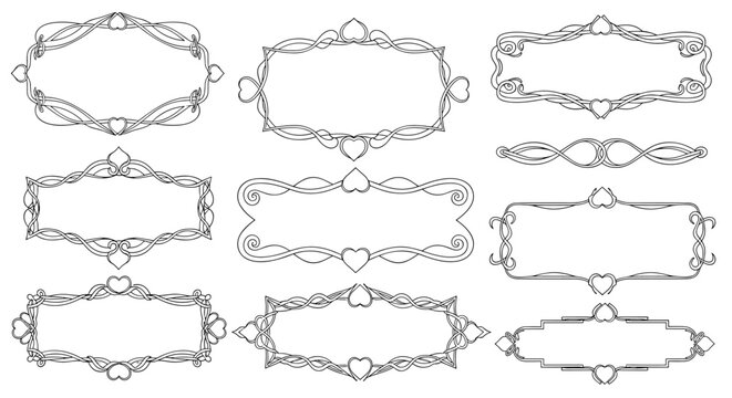Set of nine elegant decorative frames features ornate filigree, swirls, and heart motifs in a classic black and white line art style.