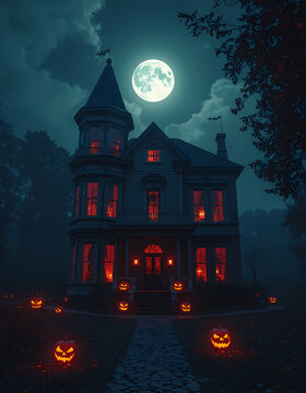 haunted victorian house during halloween night