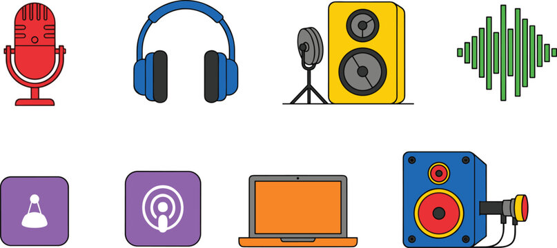 Podcast and Audio Equipment Icon Set with Microphone, Headphones, Speaker, Sound Wave, VLC, Podcast App, Laptop, and Studio Monitor for Music and Media Design