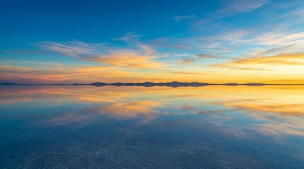 Fototapeta premium Vast Salt Lake Mirror Reflections Under Dramatic Sunset Sky with Distant City Skyline