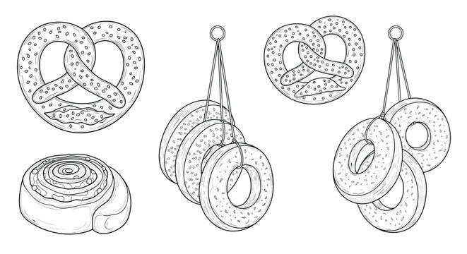Assorted bakery products including pretzels, cinnamon rolls, and bagels are displayed in a clean line art drawing style.