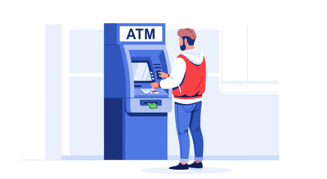 Detailed vector illustration showcasing a person interacting with an automated teller machine, performing a quick and secure cash withdrawal