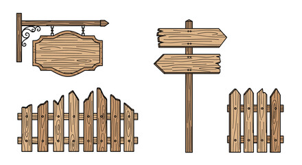 Fototapeta premium Collection of various wooden structures including signs, direction arrows, and fences is drawn in a rustic sketch style.